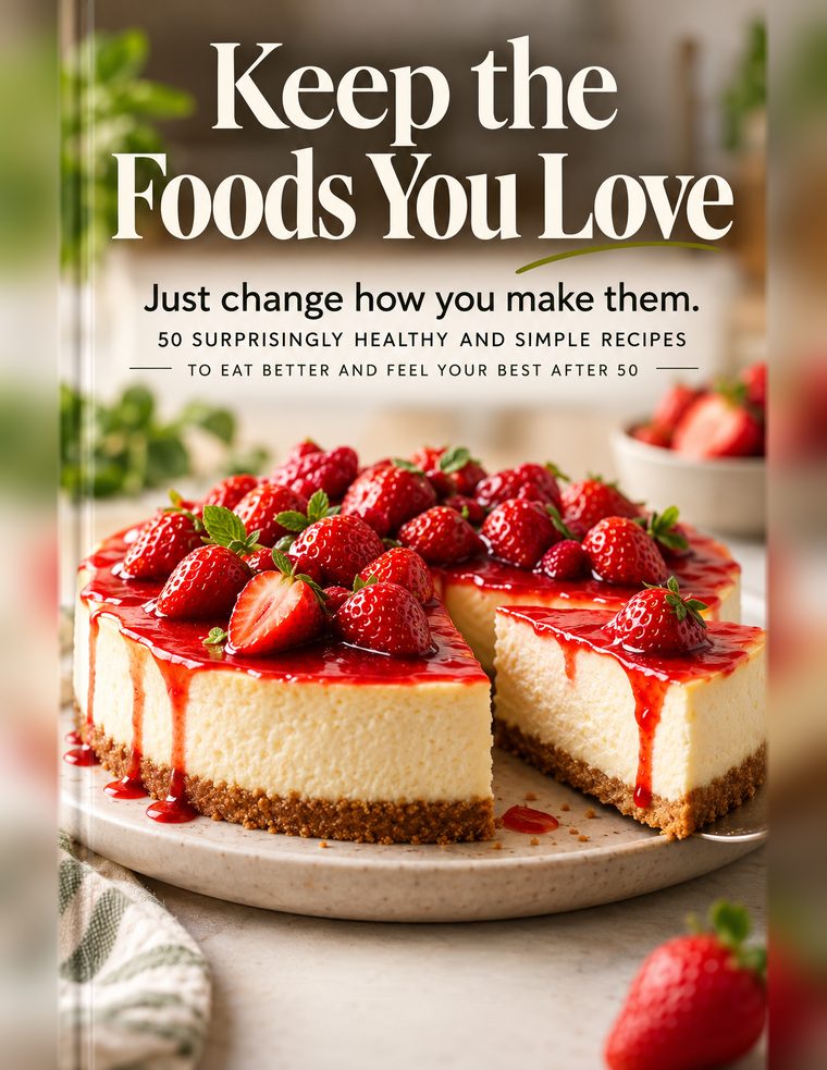 Book cover: Keep the Foods You Love. Just change how you make them. A strawberry cheesecake on a plate.